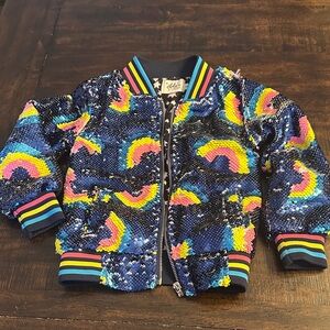 Lola + The Boys Sequin Rainbow Puffer Jacket - Blue and Multicolor